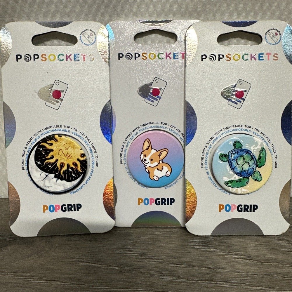 Set 3 PopSockets PopGrip Premium Phone Grip & Stand - Sun And Moon Corgi Turtle